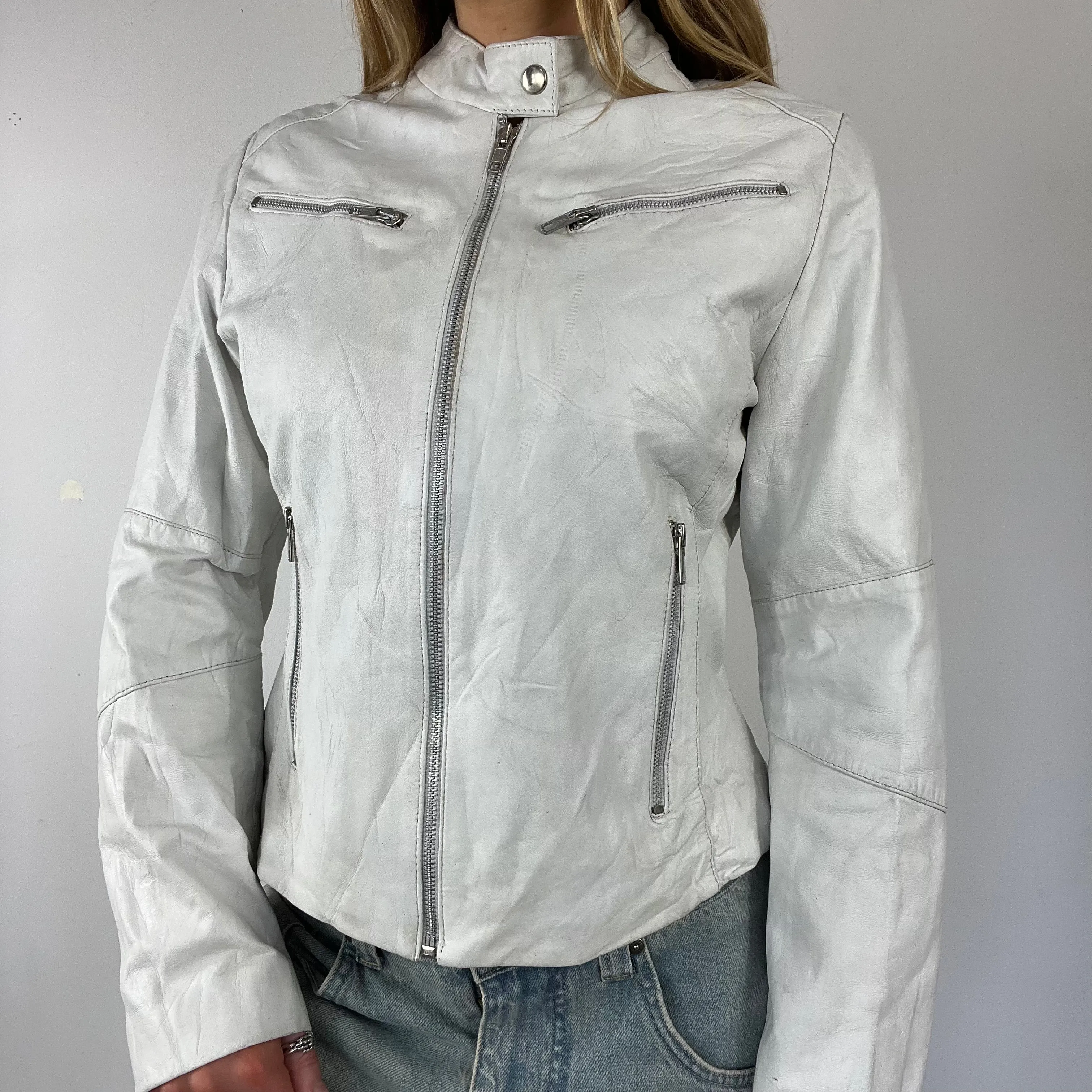 90s real leather white moto jacket - Size M