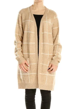 Beige Windowpane Check Long Cardigan