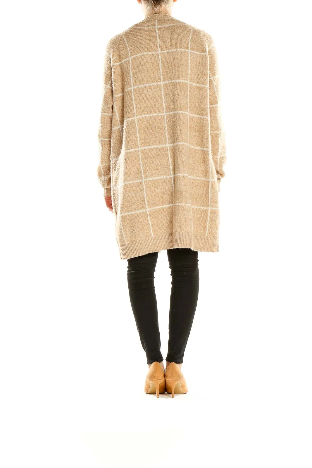 Beige Windowpane Check Long Cardigan