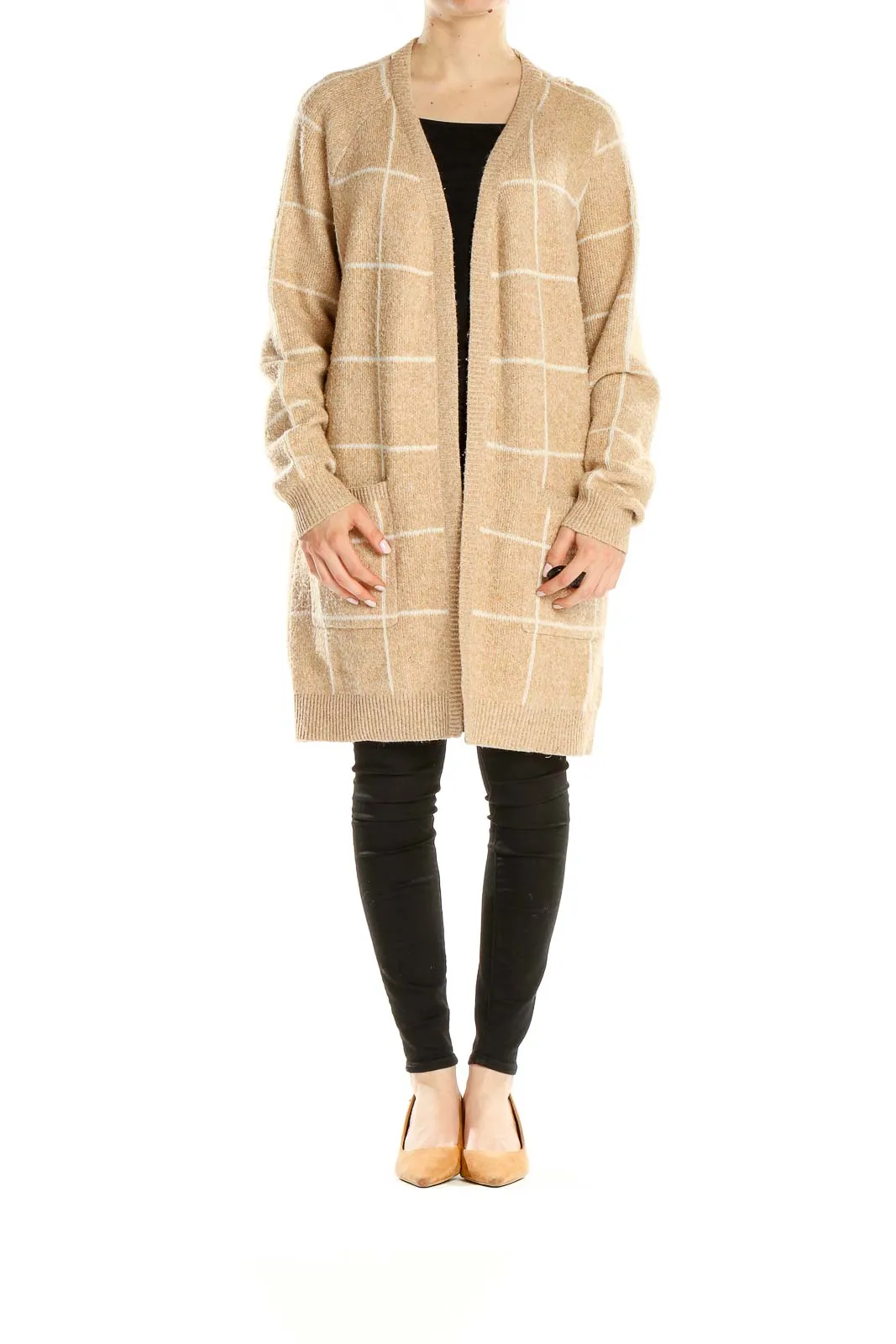 Beige Windowpane Check Long Cardigan