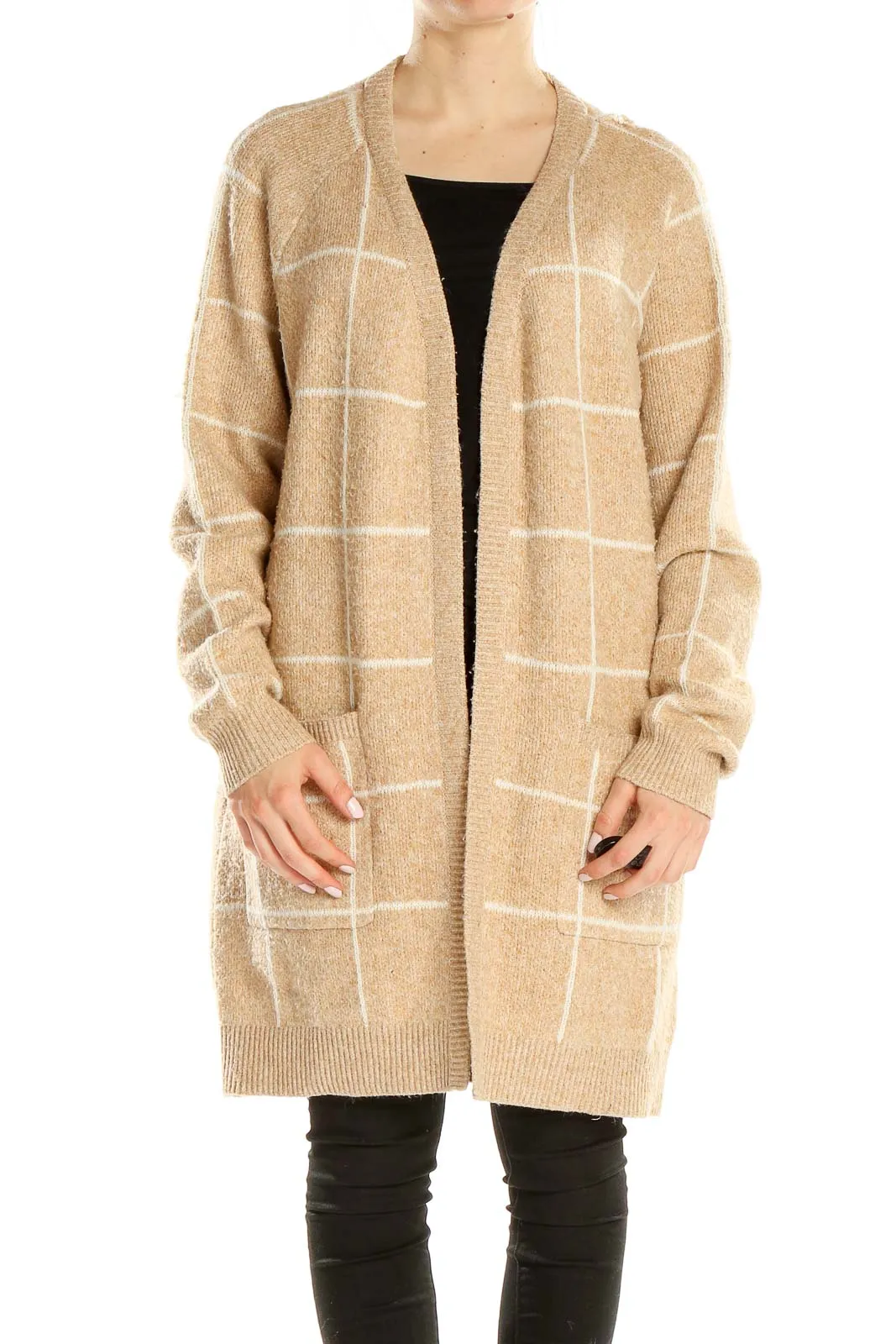 Beige Windowpane Check Long Cardigan