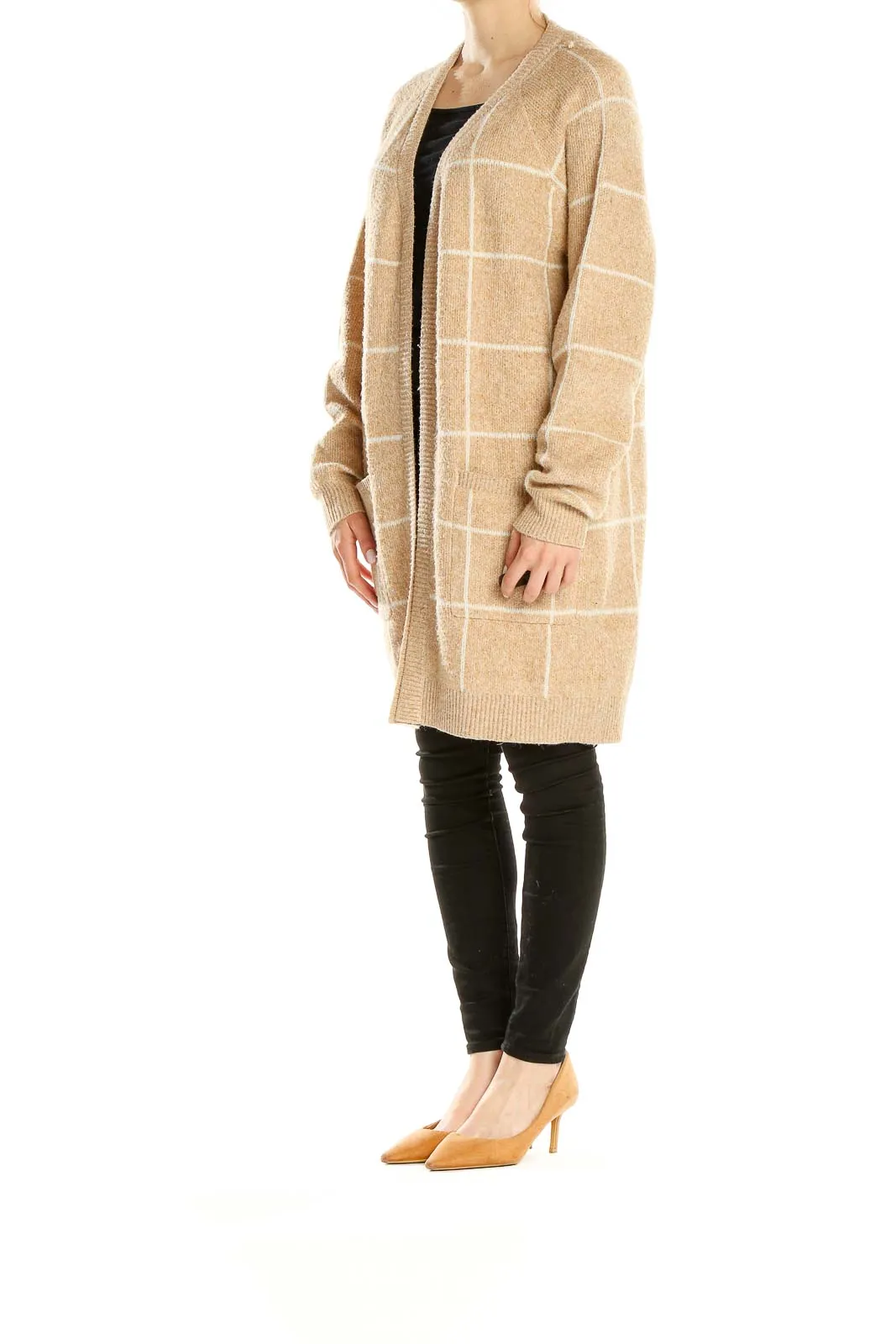 Beige Windowpane Check Long Cardigan