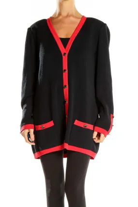 Black and Red Contrast Trim Knit Cardigan