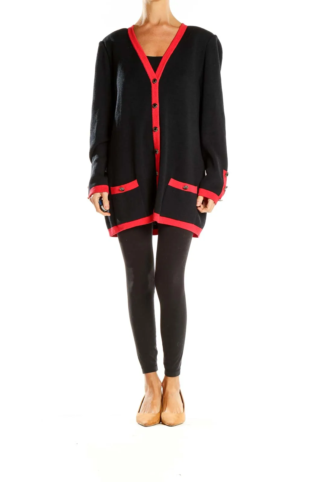 Black and Red Contrast Trim Knit Cardigan