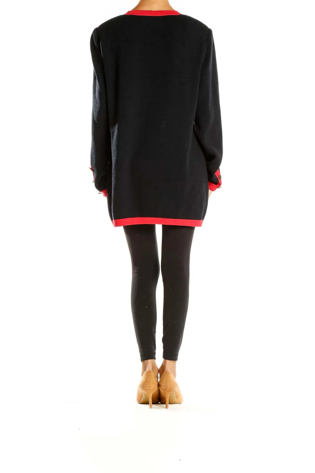 Black and Red Contrast Trim Knit Cardigan
