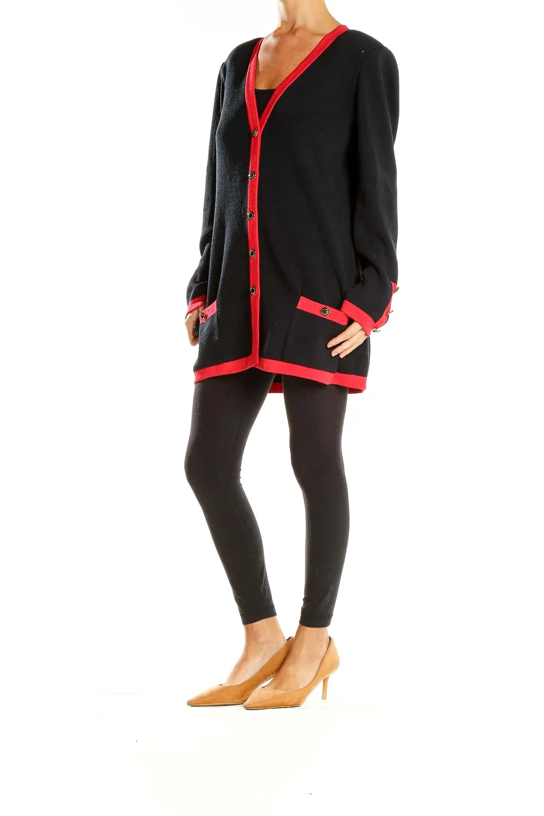 Black and Red Contrast Trim Knit Cardigan