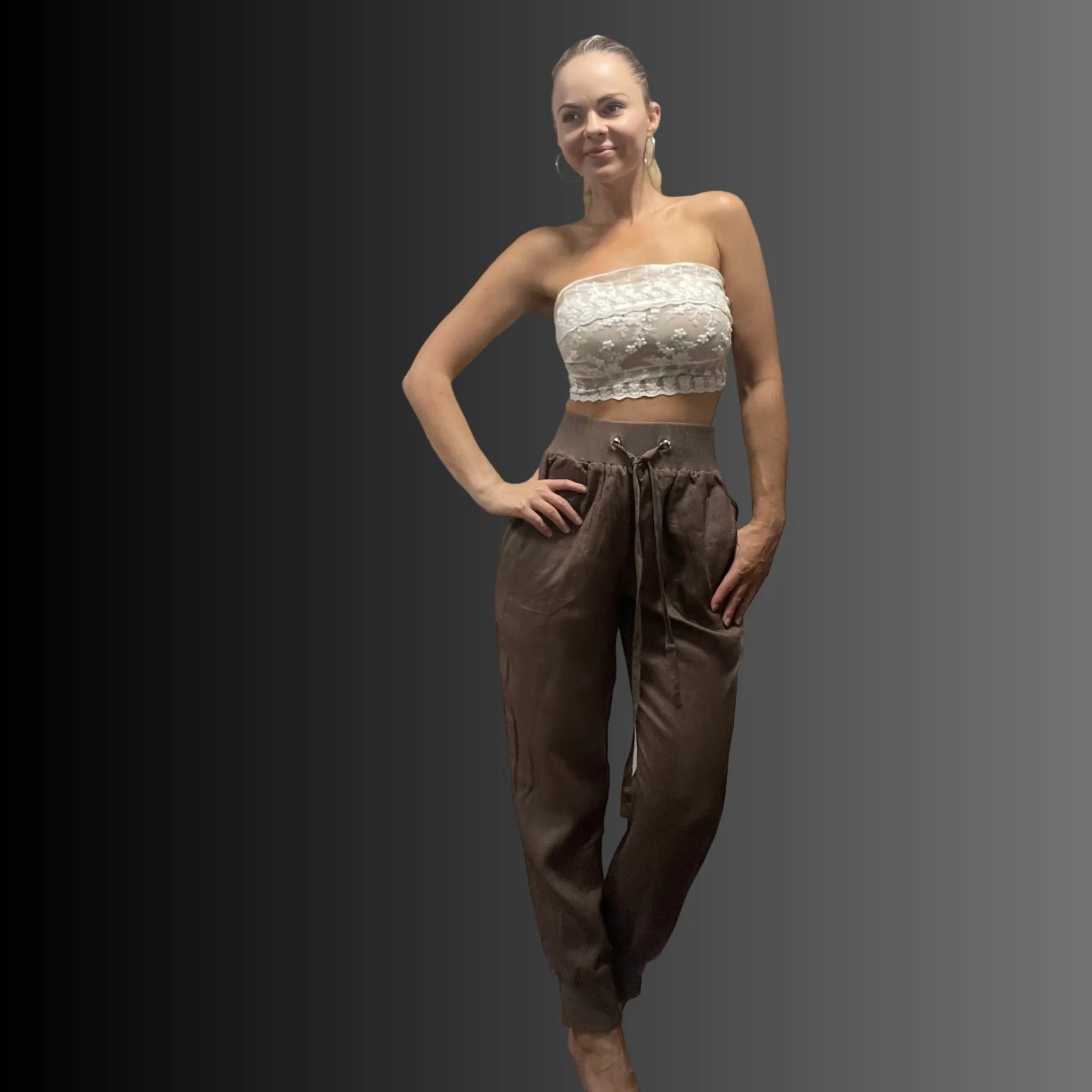 Camila Linen Track Pant - Coffee