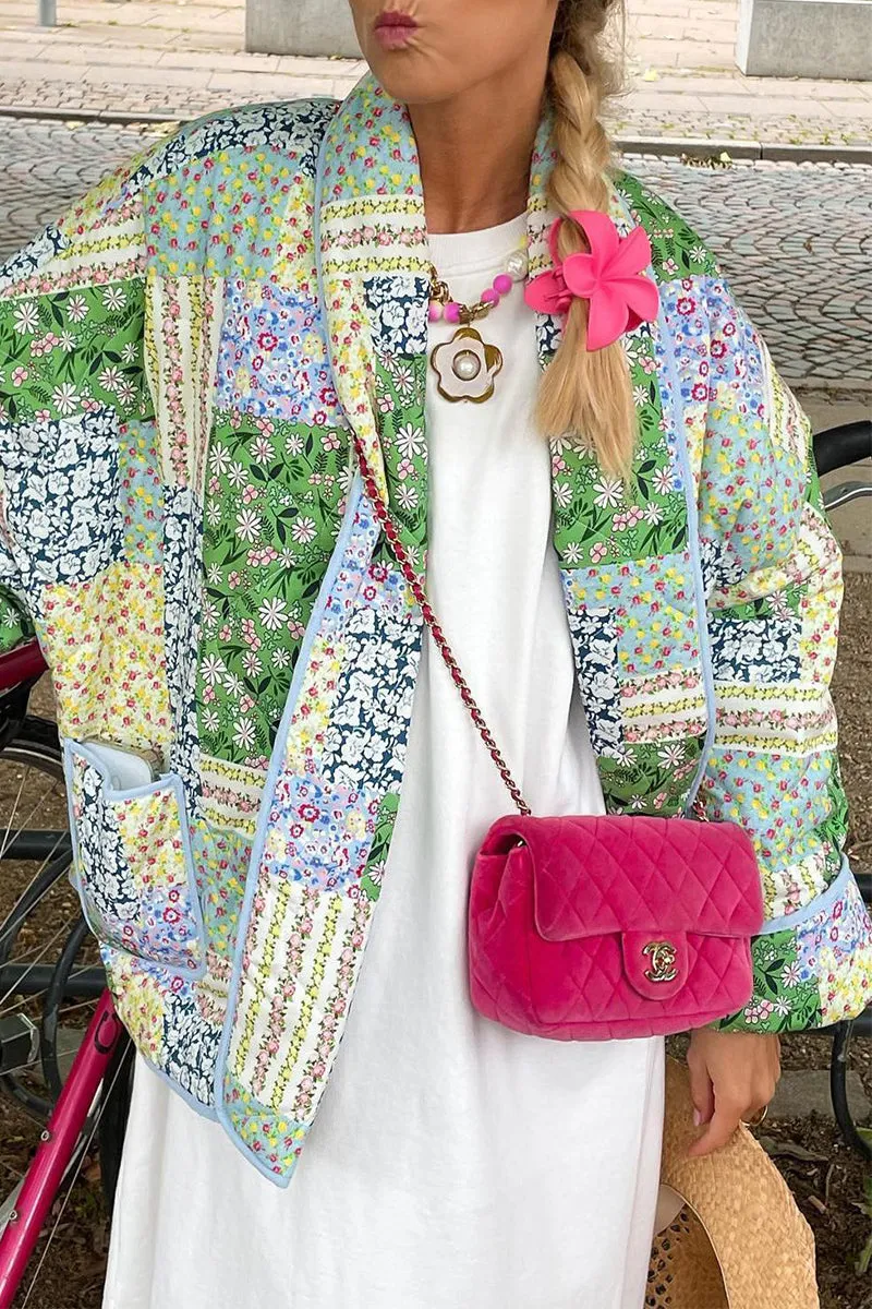 hulianfu Casual Floral Pocket Turndown Collar Outerwear