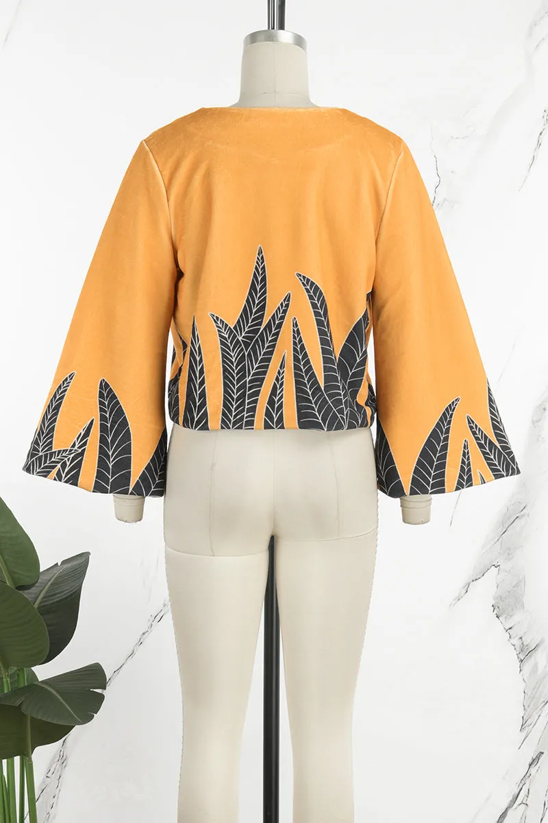 hulianfu Casual Print Patchwork Cardigan Collar Outerwear