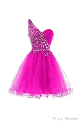 One Shoulder Tulle Homecoming Dresses Short Prom Dresses With Beading
