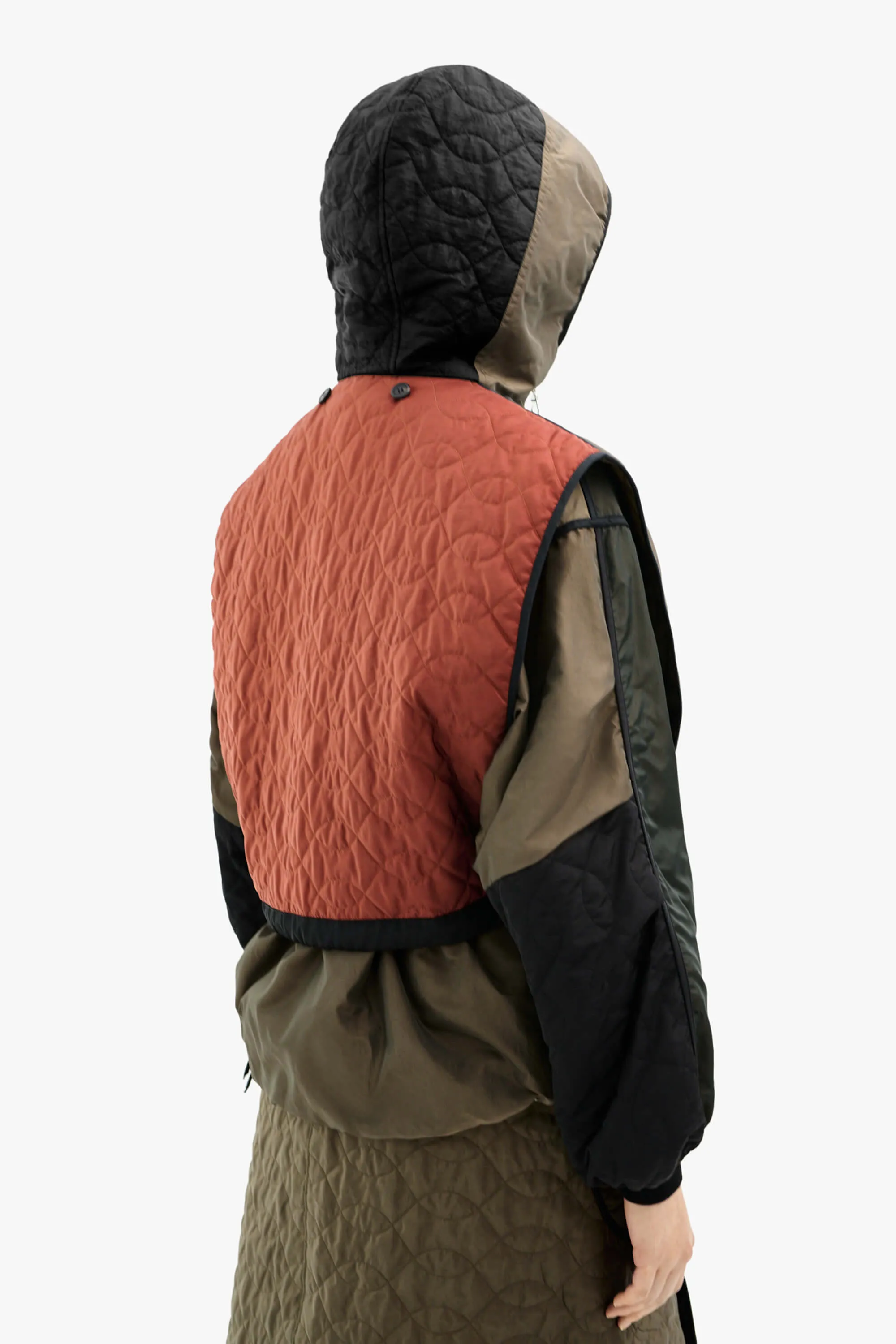 Silk Nylon Quilt Zip Hood  - Peat / Burnt Orange