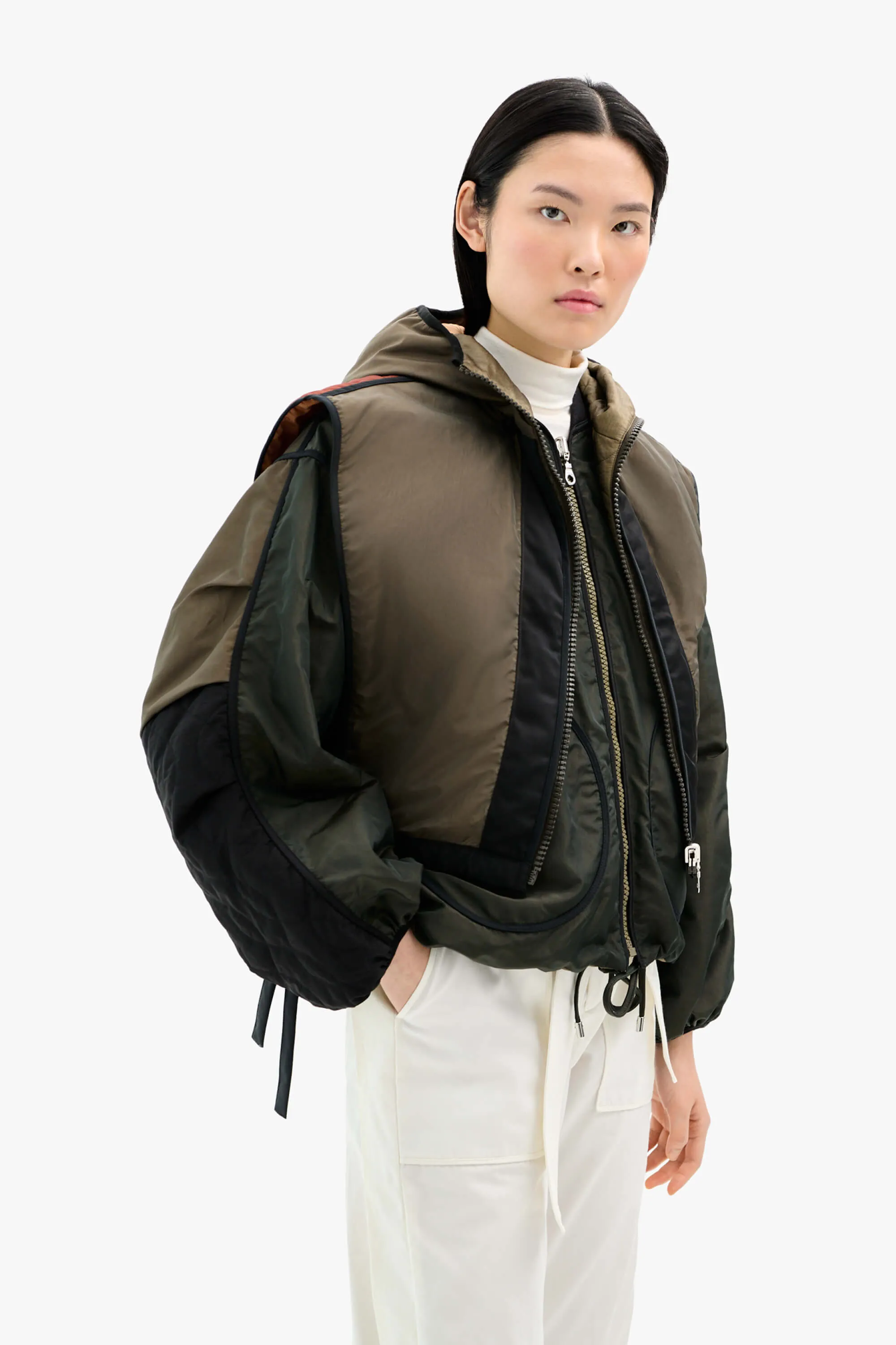 Silk Nylon Quilt Zip Hood  - Peat / Burnt Orange