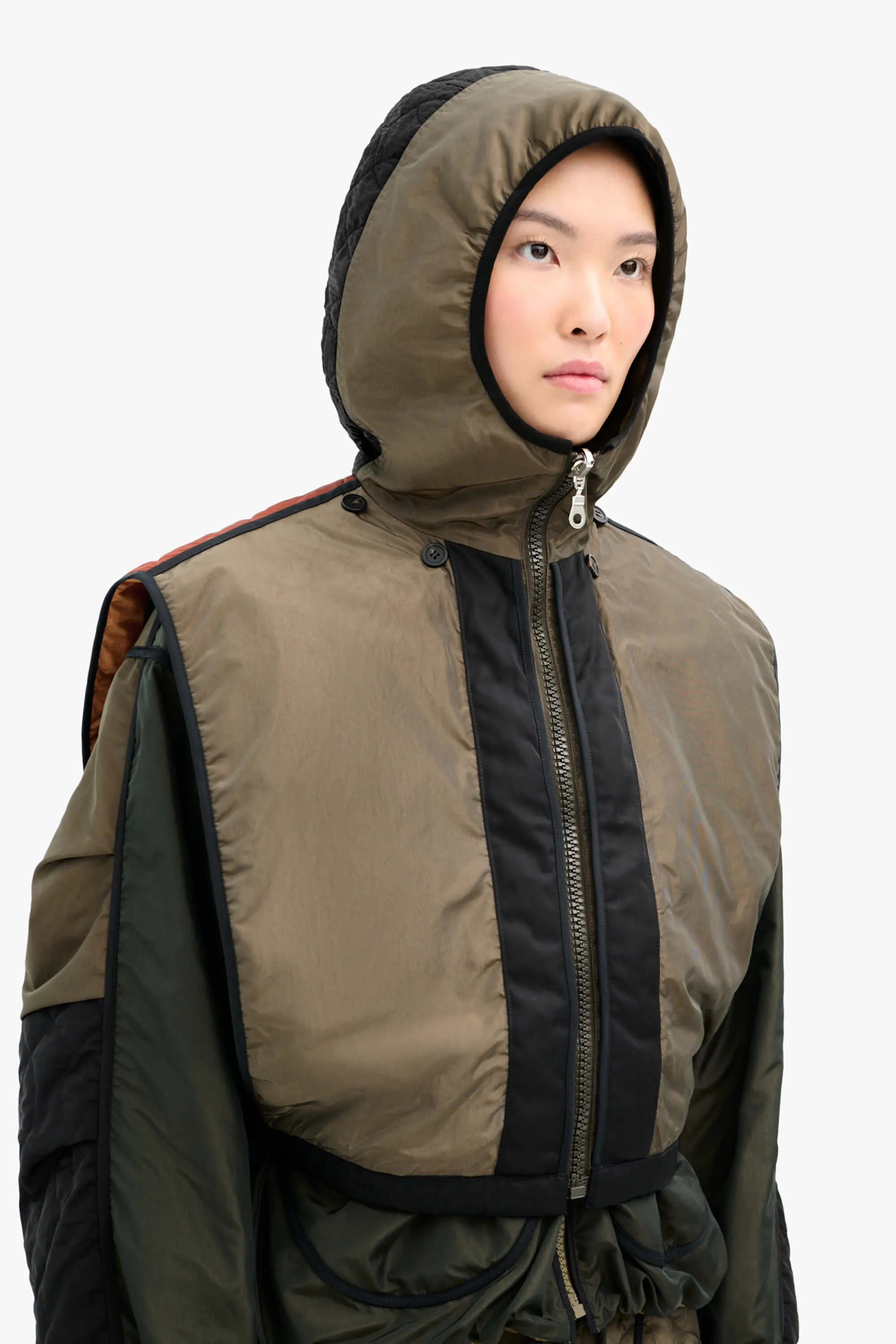 Silk Nylon Quilt Zip Hood  - Peat / Burnt Orange