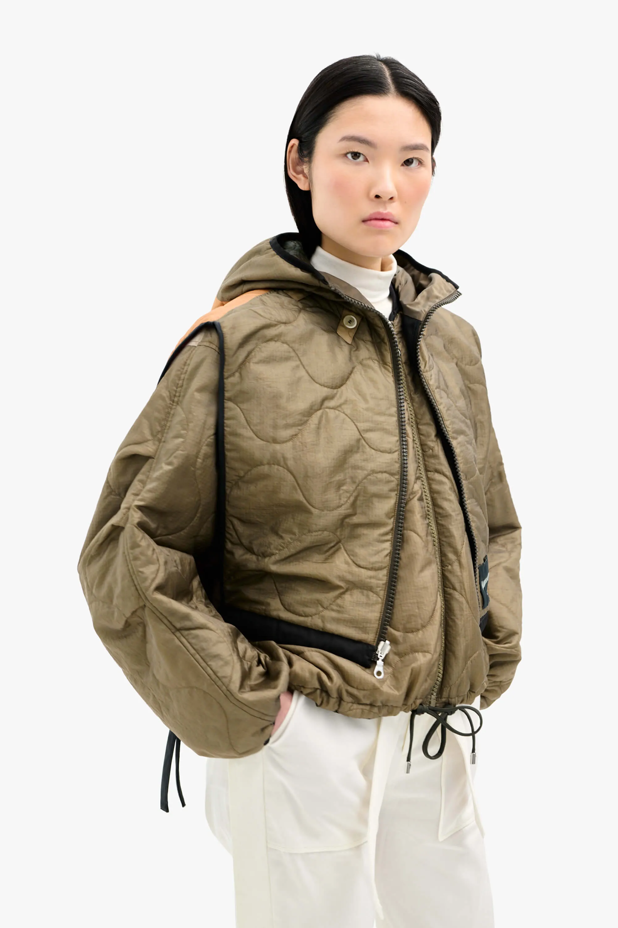 Silk Nylon Quilt Zip Hood  - Peat / Burnt Orange