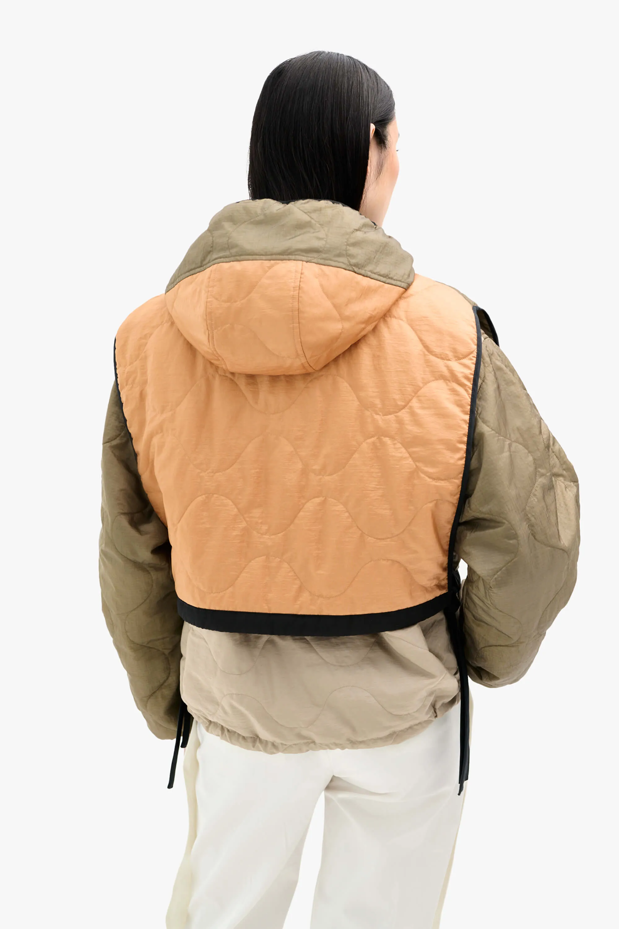 Silk Nylon Quilt Zip Hood  - Peat / Burnt Orange