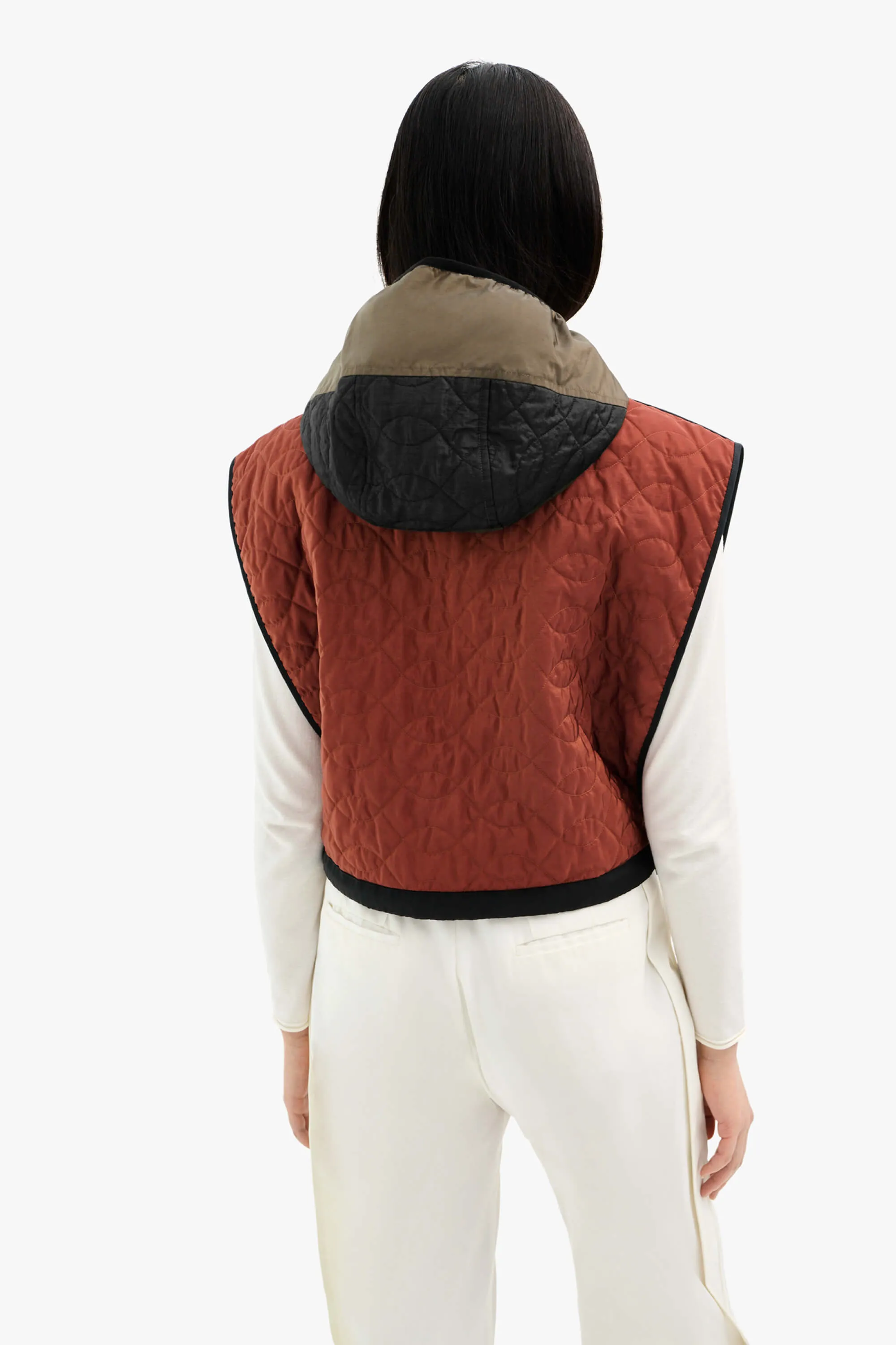 Silk Nylon Quilt Zip Hood  - Peat / Burnt Orange