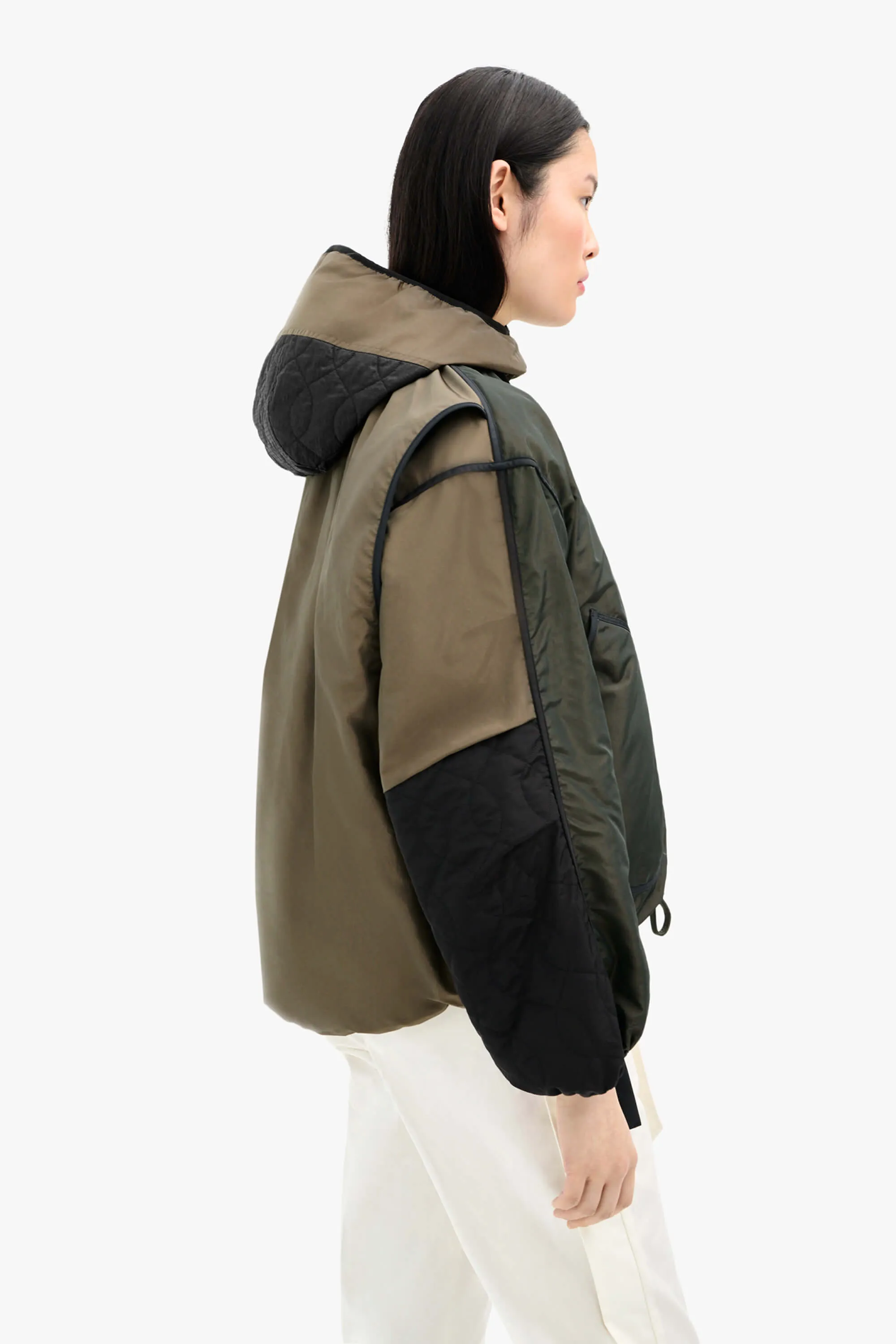 Silk Nylon Quilt Zip Hood  - Peat / Burnt Orange