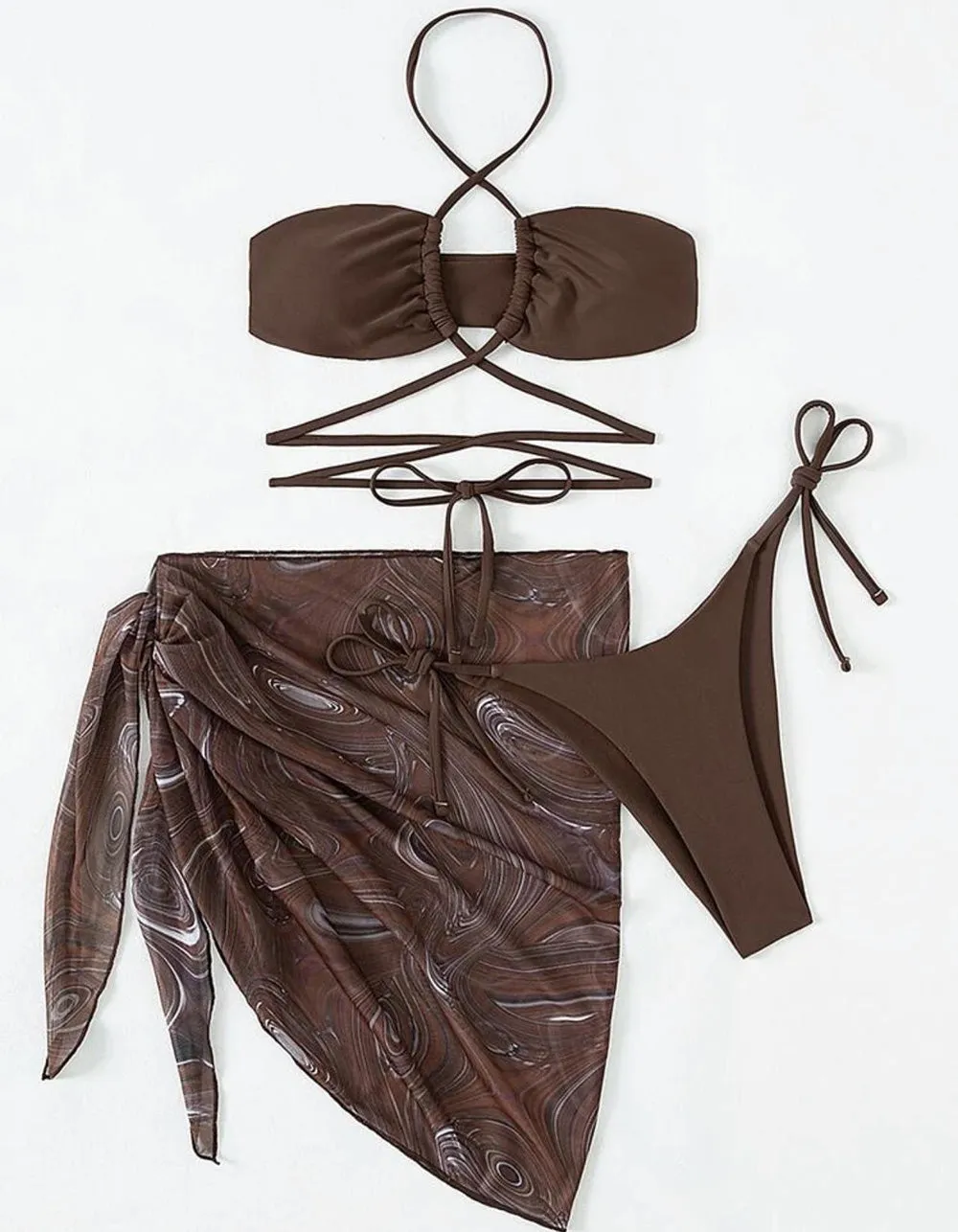 Three-piece  Halter Drawstring Belted Bikinis Swimwear