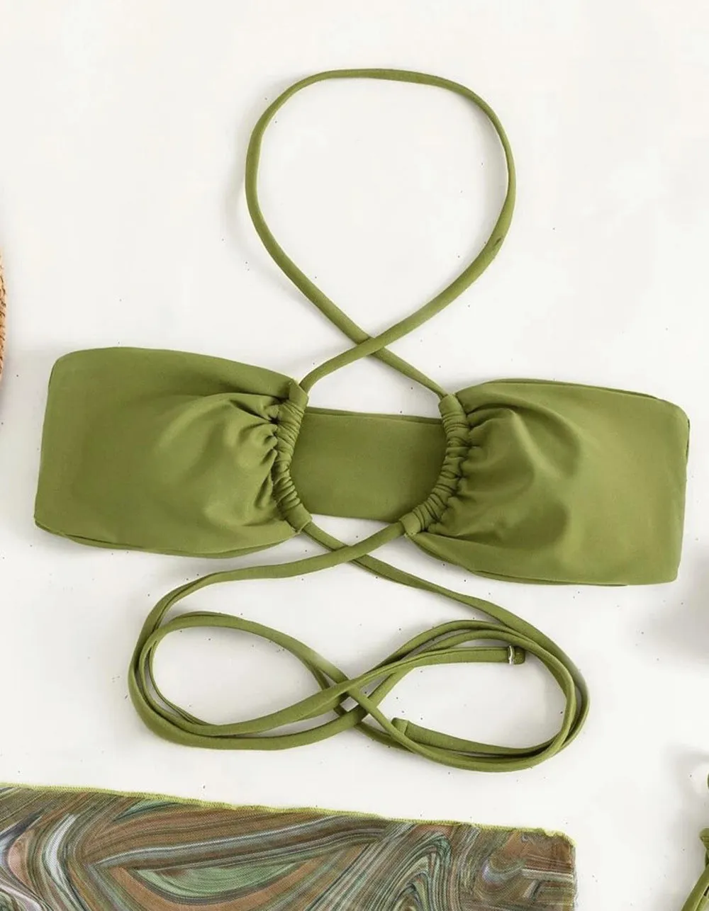 Three-piece  Halter Drawstring Belted Bikinis Swimwear