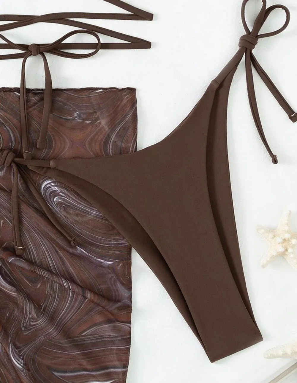 Three-piece  Halter Drawstring Belted Bikinis Swimwear