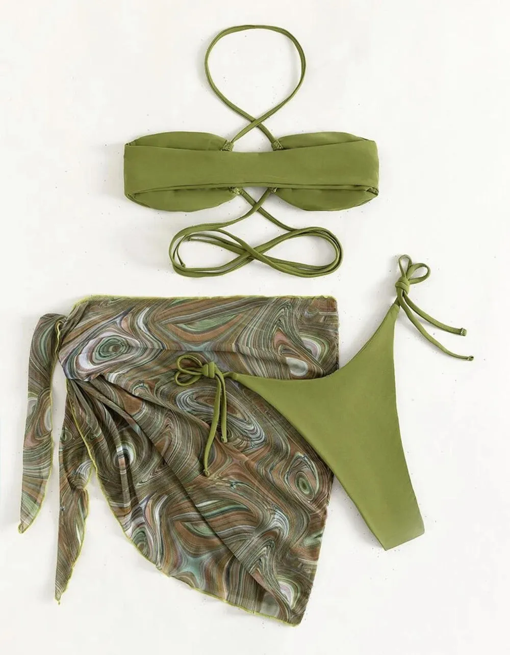 Three-piece  Halter Drawstring Belted Bikinis Swimwear