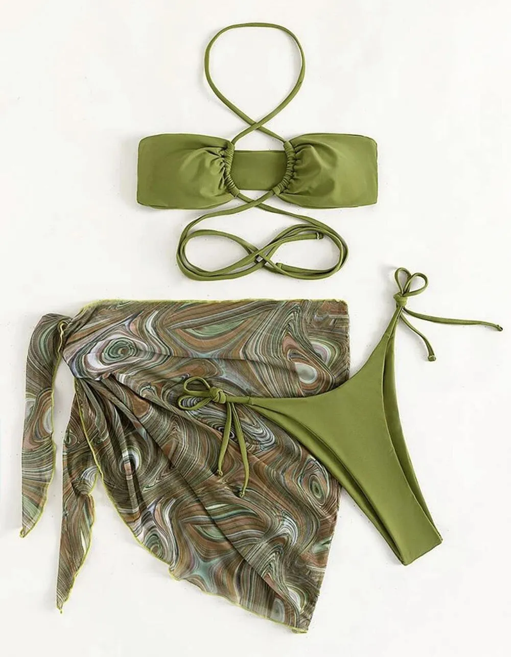 Three-piece  Halter Drawstring Belted Bikinis Swimwear