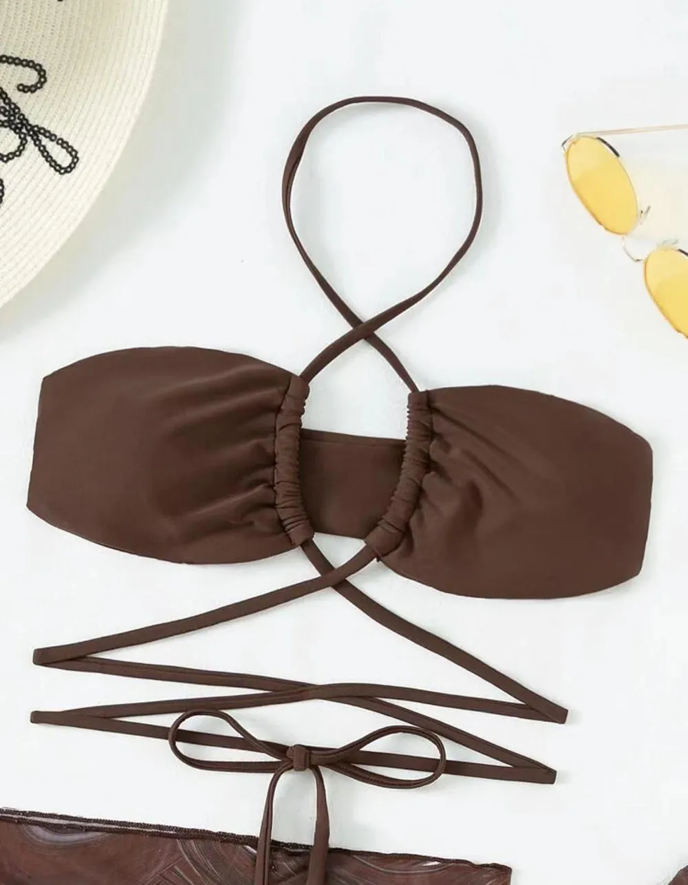 Three-piece  Halter Drawstring Belted Bikinis Swimwear