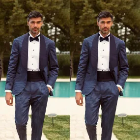 xiangtuibao Men's Suit 2 Pieces Blazer Pants One Button Wide Satin Lapel Pinstripes Formal Business Slim Formal Wedding Groom Costume Homme